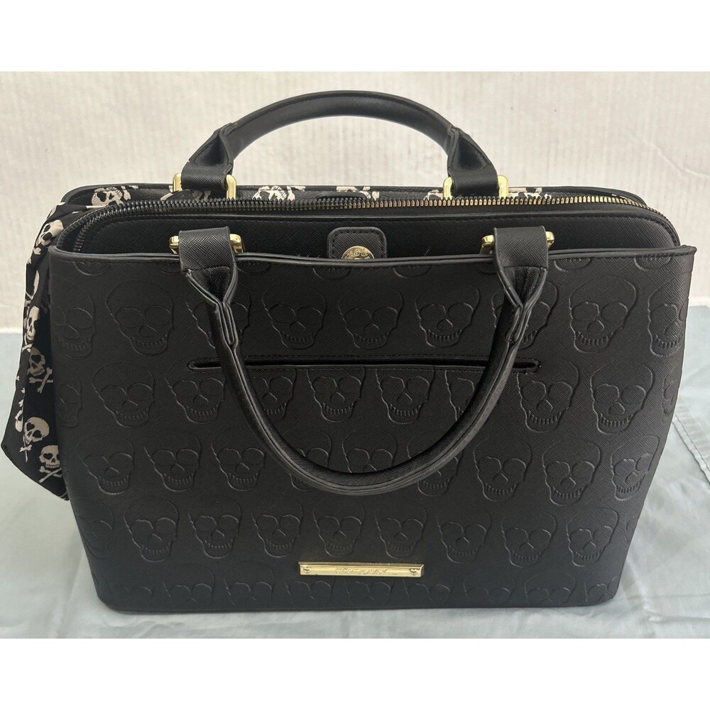 Betsey Johnson Black Skull Satchel Top Handle Floral Lining -  Skull Scarf Tied